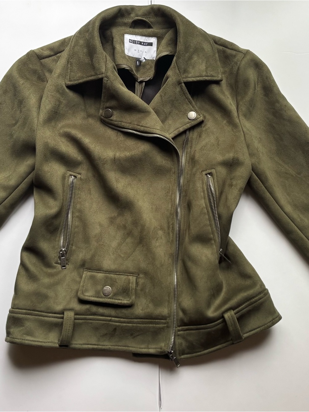 Olive Green khaki Faux Suede Moto Jacket - Noisy May biker zip up fall pockets